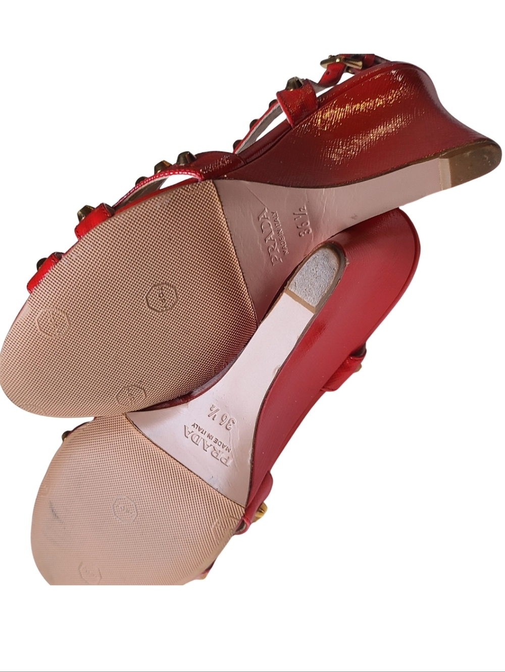 PRADA *EUC* Red Patent Leather Gold Studded Strappy Wedge Sandal 36.5 - Picture 6 of 8